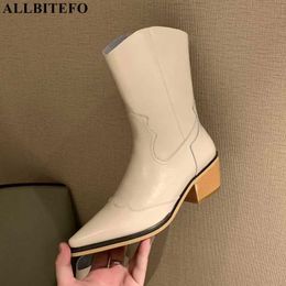 ALLBITEFO fashion retro genuine leather thick heels ankle boots for women brand high heels winter snow girls boots woemn boots 210611