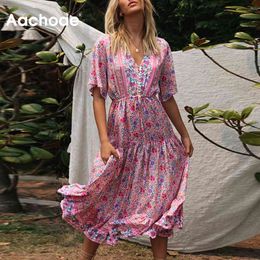 Women V Neck Floral Pirnt Summer Bohemian Short Sleeve Beach Long Dresses Bow Tie Elastic Waist Vintage Dress 210413