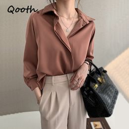 Qooth Female Office Lady Elegant Shirt Single Breasted Spring Design Stylish Shirt Loose Long-Sleeve Shirt All-Match Tops QT553 210518