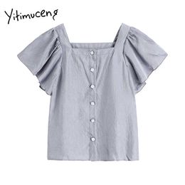 Yitimuceng Blue Blouse Women Button Up Shirts Flying Sleeve Square Collar Solid Clothes Summer Fashion Chiffon Tops 210601