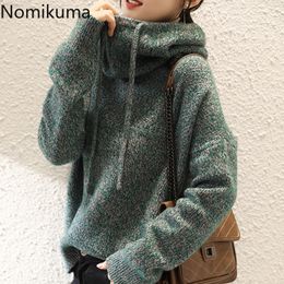 Nomikuma Korean Drawstring Hooded Women Sweater Causal Long Sleeve Plus Size Knitwear Autumn Winter Knit Pull Femme 6D549 210427