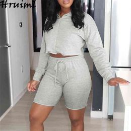 Tracksuit Women Two Piece Set Sportswear Long Sleeve Crop Top and Strappy Short Pants Casual Solid Outfits Sweatsuit Lounge Wear 210513