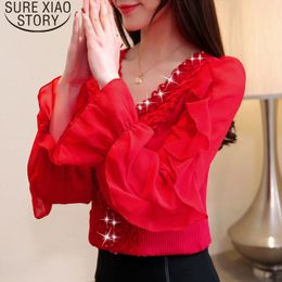 Womens Tops And Blouses Blusas Mujer De Moda Solid Beading Chiffon Blouse Flare V-Neck Long Sleeve Shirts 1973 50 210415