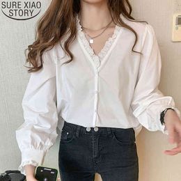 French Style Autumn White Lace Shirts Women Puff Long Sleeve Blouses Casual Loose V-Neck Cardigan Ladies Tops Blusas 10621 210417