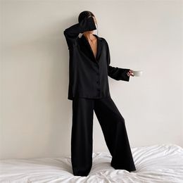 Hiloc Oversized Satin Silk Sleepwear Low Cut Sexy Pyjamas For Women Single-Breasted Long Sleeves Wide Leg Pants Trouser Suits 211215