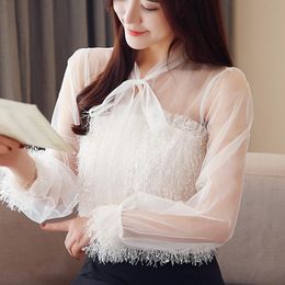 Women's Blouses & Shirts 2021spring Summer Women Lace Tassel Shirt Ladies Tops Sexy Mesh Transparent Elegant See-through Pink