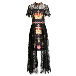 Black White Lace Patchwork Crown Print Stand Collar Zipper Short Sleeve Empire Midi Long Dress Elegant Summer D1679 210514