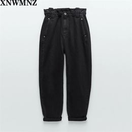 Women baggy paperbag High-waist jeans elastic waist front pockets zip metal top button Female pants High quality 210520