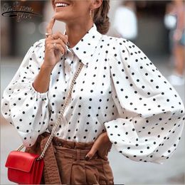 European and American Fashion Lapel Women's Shirt Polka Dot Loose Lantern Sleeve Chiffon Blouse Long 12372 210427