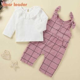 Bear Leader Infant Girls Fashion Autumn Clothes Spring Toddler Baby Lace T-Shirt Plaid Pants Outfits Toddler Bebes Suit 0-2Y 210708