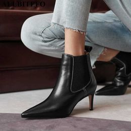 ALLBITEFO full genuine leather brand high heels women boots autumn women high heel shoes thin heels ankle boots for women 210611