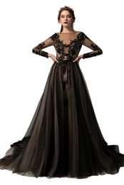 2021 Black and Nude Champagne Gothic Wedding Dresses Bridal Gowns Mermaid With Detachable Train Lace Tulle Long Sleeves Bride Dress Non White