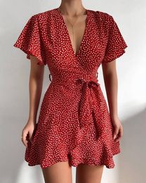 Butterfly Sleeve Polka Dot Floral Print Summer Women Dress V Neck High Waist Sashes Dress Vintage Female Mini Red Vestidos 2021 X0521