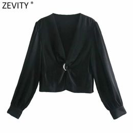 Zevity Women Fashion Cross V Neck Ring Knotted Short Smock Blouse Female Solid Kimono Satin Shirts Chic Blusas Tops LS7472 210603