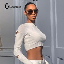 CNYISHE Chic Fashion Long Sleeve Cut-Out Flare Sleeve Crop Top Women's T-shirt Tee Sexy Slim Shirt Streetwear Knitted Tops Blusa 210419