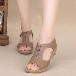 Summer New Women Sandals 2021 Fashion High Heel Wedges Leather Shoes Woman Solid Casual Zip Platform Y0721