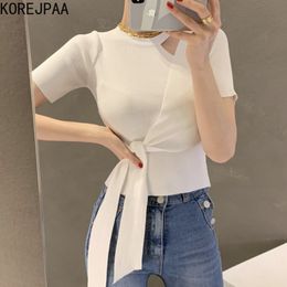 Women Sweater Summer Korean Gentle Round Neck Hollow Slim Fit Waist Belt Irregular Thin Ice Silk Knitted Pullovers 210514