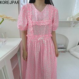 Korejpaa Women Dress Summer Korean Chic Sweet Age Reducing V-Neck Wooden Ears Design Drawstring Floral Puff Sleeve Vestidos 210526
