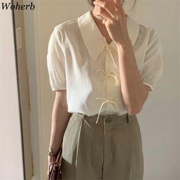 Women Blouse Korean Chic Blusas Turn Down Collar Tie Bow Loose Solid Color Shirts Puff Short Sleeve Temperament Tops 210519