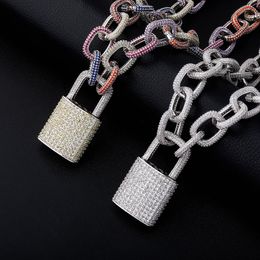 High Quality White Gold Plated Full Bling Iced Out CZ Lock Pendant with 18inch O Cuban Chain Necklace for Men Women