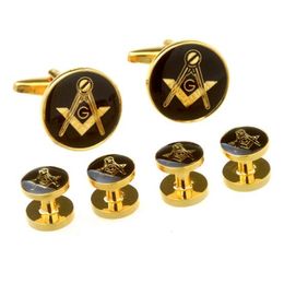 5sets/lot Classic Gold mason Tuxedo Cufflinks Collar Studs 6pcs Masonic Mason Cuff Links Stud Set Men Jewelry