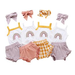 Summer Kids Kids Conjuntos Bebê Meninas Suspender Suspender Outfits Romper Tops + Shorts com Headband 3pcs / Set Zyy896