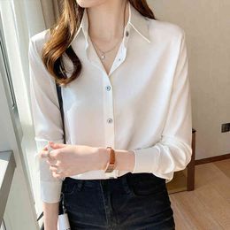 Korean Silk Women Shirts Blouses Satin White Woman Long Sleeve Basic Plus Size 210427