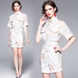 Trendy Girl Jumpsuits Short Sleeve Lapel Printed Summer Womens Jumpsuits High-end Fashion Lady Floral Overalls