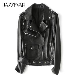 High Fashion Street Women Real Sheep Skin Leather Jacket Black Rivet Genuine Short Motorcycle Jackets Women's & Faux