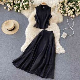 Dark Style Women's Hollow Stitching Self-cultivation Stand-up Collar Top Women High Waist Skirt Suit GK835 210506