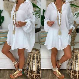 Loose Women Cover Ups Swimwear White Beach Dress Cotton Kimono ups for Swimsuit Up Woman 210722
