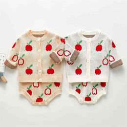Spring Autumn Infant Baby Girls Knit Long Sleeve Apple Coat + Braces Rompers Clothing Sets Kids Girl Suit Clothes 210521