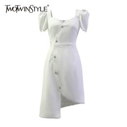 Asymmetrical Patchwork Button Dress For Women V Neck Short Sleeve White Summer Dresses Female Fashion Clothes 210520