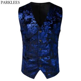 Luxury Royal Blue Paisley Bronzing Vest Men Slim Fit V Neck Wedding Suit Vests Mens Gothic Aristocrat Steampunk Victorian Gilet 210522