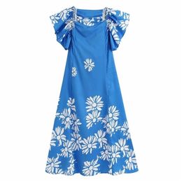 Women Butterfly Sleeve Printing Midi Dress Ladies Stylish Elastic Stacked Ruffles Retro Vestidos Chic Party Dresses DS3391 210420