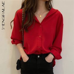 Elegant Minimalist Blouse Women's Lapel Single Breasted Large Size Red Long Sleeve Shirt Female Trend 5A1310 210427