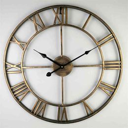 40-80cm Nordic Retro Metal Wrought Iron Roman Wall Modern Design Living Room Cafe Quiet Decorative Quartz Clock 210414