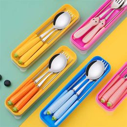 Cute Stainless steel Cutlery Full Travel Hiking Tableware for Kids Picnic Portable Cutlery Forks Spoons Flatware set Household 211112