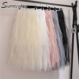 Spring Summer Korean Style 3 Layers Irregular Mesh Women High Waist Long Maxi Tulle Pleated Skirt Female 210421