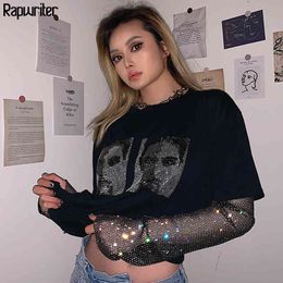 Rapwriter Patchwork Mesh Bling Glitter Loose Black T Shirt Harajuku Graphic Summer T-Shirts For Women Tee Shirt Female 210415