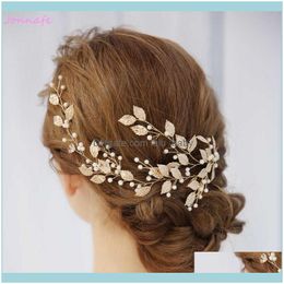 Jewelryjonnafe Boho Gold Leaf Women Vine Bridal Headband Pearls Hair Jewellery Wedding Crown Aessories Handmade Drop Delivery 2021 Uoobd