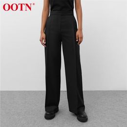 OOTN Office Lady Black Straight Trousers Women Zipper Pocket Pleated Buttons Pants For Work High Waist Autumn 211115