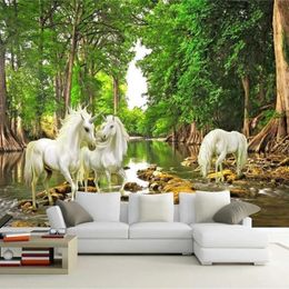 Custom Size Wall Cloth 3D White Horse Green Forest Murals Wallpaper Living Room TV Sofa Backdrop Wall Home Decor