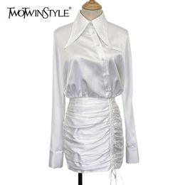 White Drawstring Slim Dress For Women Lapel Long Sleeve High Waist Ruched Shirt Dresses Female Fashion Clothes 210520