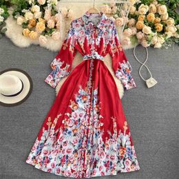 Spring Autumn Vintage Floral Dress Women Long Sleeve Slim A Line Single-breasted French es Ladies Boho Maxi 210525