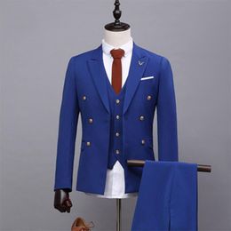 Classic Double-Breasted Men Suits Clothing Show Stage Host Suit 3 Pieces Vest Blue Slim Fit Marriage Wedding Mens Men's & Blazers