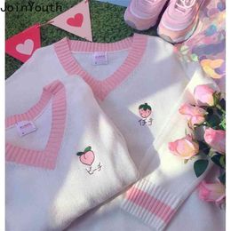 Joinyouth Fall Women Clothing Knitted Vest Sweater for Woman Embroidery Peach Strawberry Pullovers Sweet Sueter Tops 7b452 210812