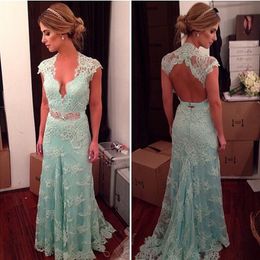 V Neck Sequins Blue lace Bohemian Evening Dresses Backless Prom Gowns Maid Of Honor Dress