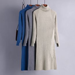 Thick Turtleneck Woolen Dress women Autumn Winter Slim Korean Padded Mid-Length Side Slit Bottom Sweater Office Lady 210420