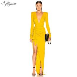 All Free Trendy Drape Design Long Sleeve Asymmetric Sexy V-neck Celebrity Party Knee Dress 210525